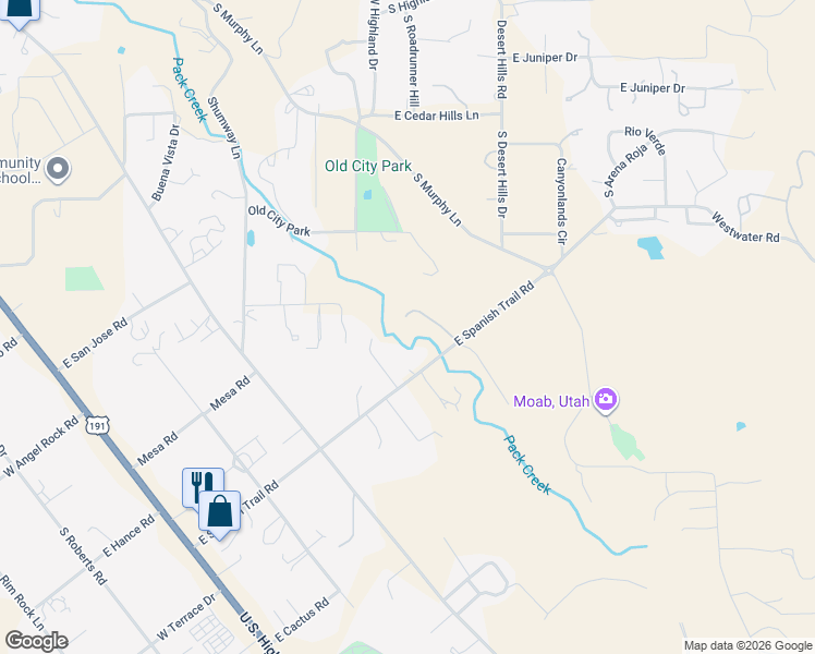 map of restaurants, bars, coffee shops, grocery stores, and more near 2520 Willow Creek Circle in Moab