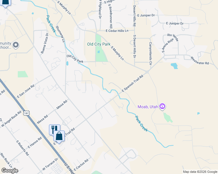 map of restaurants, bars, coffee shops, grocery stores, and more near 2520 Willow Creek Circle in Moab