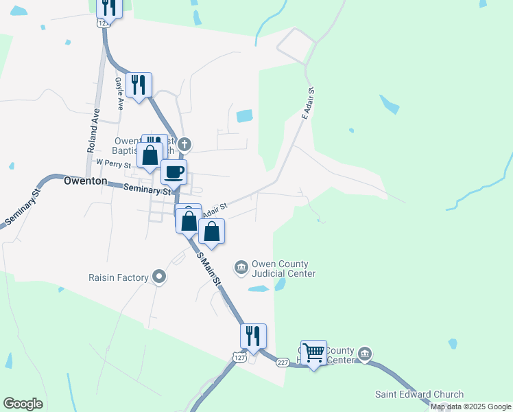 map of restaurants, bars, coffee shops, grocery stores, and more near 204 Ford Avenue in Owenton