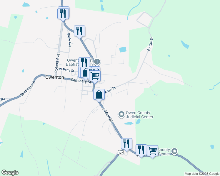 map of restaurants, bars, coffee shops, grocery stores, and more near 206 East Adair Street in Owenton