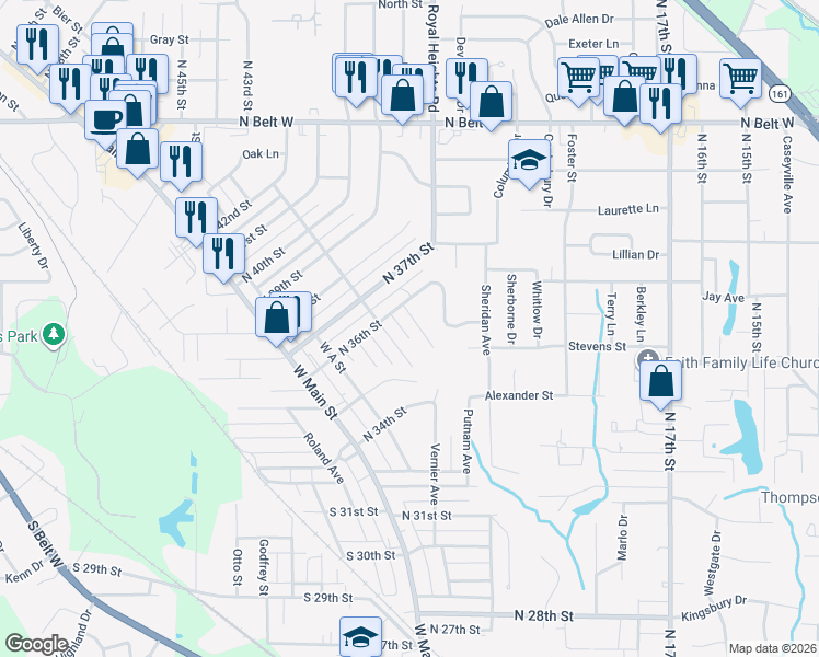 map of restaurants, bars, coffee shops, grocery stores, and more near 3528 Lorene Street in Belleville