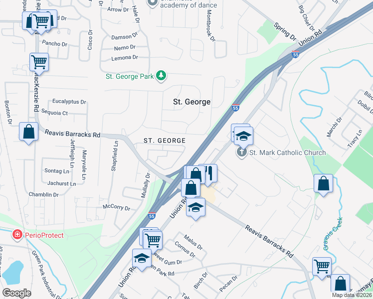 map of restaurants, bars, coffee shops, grocery stores, and more near 9920 South Bunker Hill Drive in St. Louis