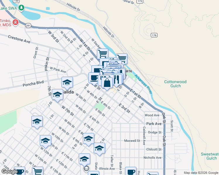 map of restaurants, bars, coffee shops, grocery stores, and more near 211 F Street in Salida