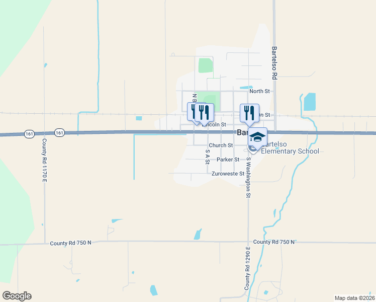 map of restaurants, bars, coffee shops, grocery stores, and more near 406 Parker Street in Bartelso
