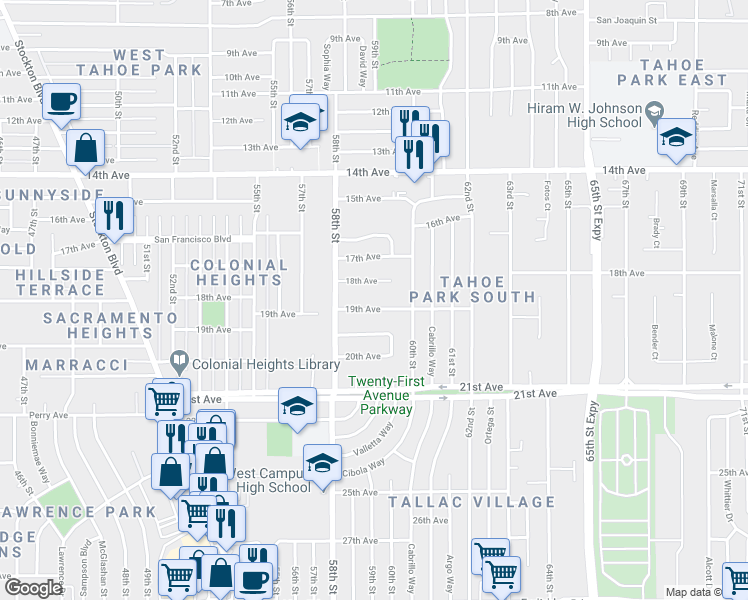 map of restaurants, bars, coffee shops, grocery stores, and more near 5911 19th Avenue in Sacramento