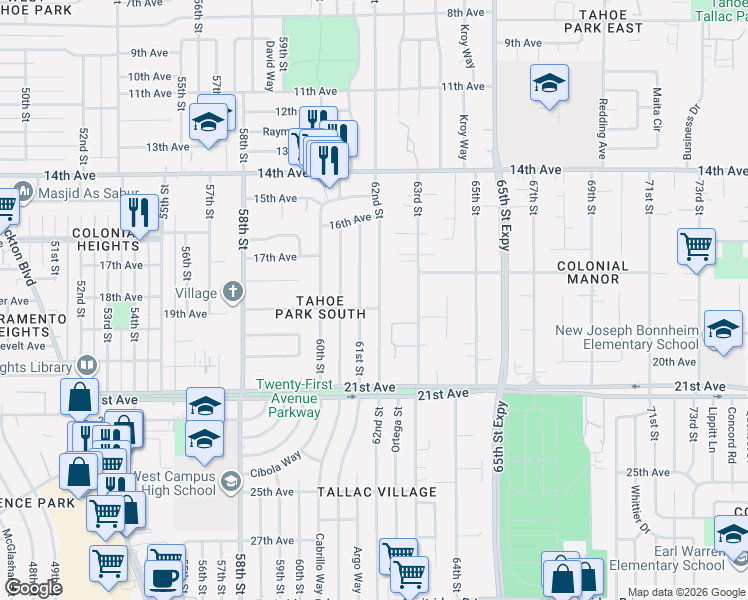 map of restaurants, bars, coffee shops, grocery stores, and more near 4339 62nd Street in Sacramento