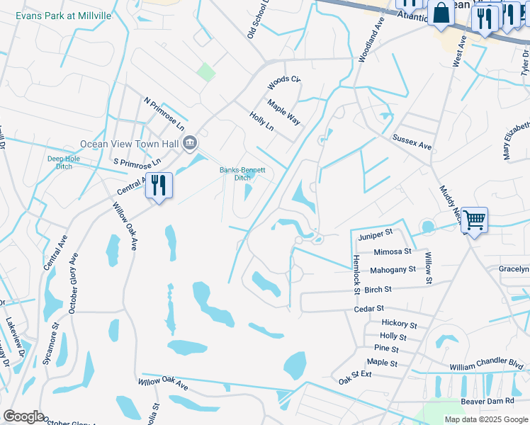 map of restaurants, bars, coffee shops, grocery stores, and more near 37519 Bella Via Way in Ocean View