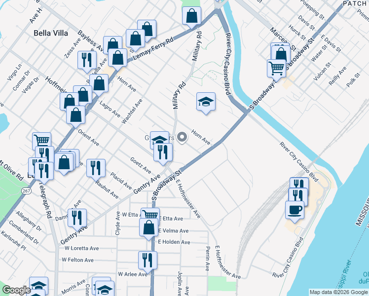 map of restaurants, bars, coffee shops, grocery stores, and more near 9305 South Broadway in Saint Louis