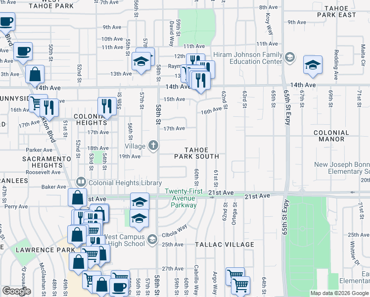 map of restaurants, bars, coffee shops, grocery stores, and more near 5911 19th Avenue in Sacramento