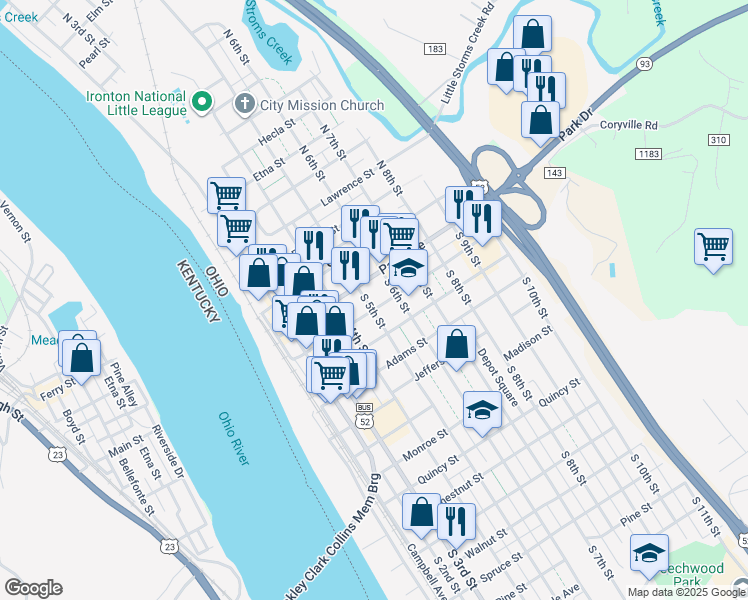 map of restaurants, bars, coffee shops, grocery stores, and more near 512 Vernon Street in Ironton