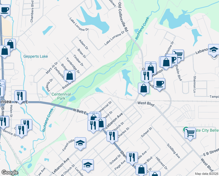 map of restaurants, bars, coffee shops, grocery stores, and more near 1207 Cart Road in Belleville