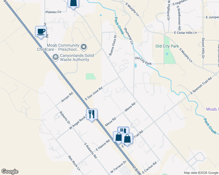 map of restaurants, bars, coffee shops, grocery stores, and more near 2545 Desert Road in Moab