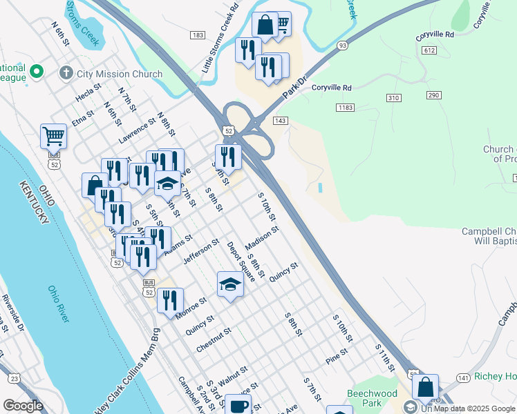 map of restaurants, bars, coffee shops, grocery stores, and more near 602 South 10th Street in Ironton