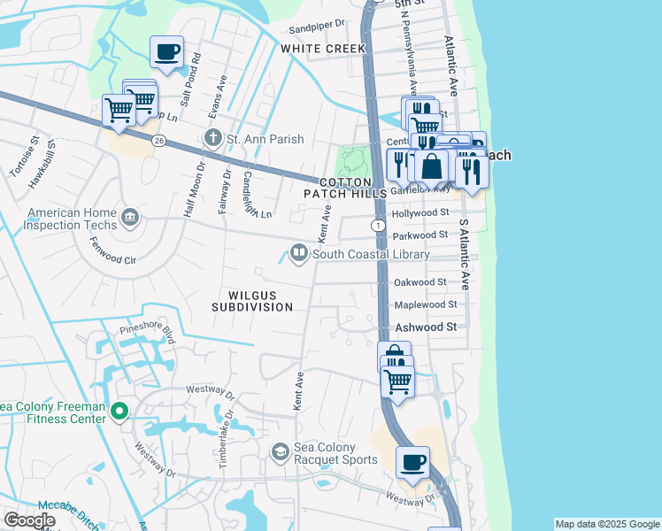 map of restaurants, bars, coffee shops, grocery stores, and more near 321 Oakwood Street in Bethany Beach