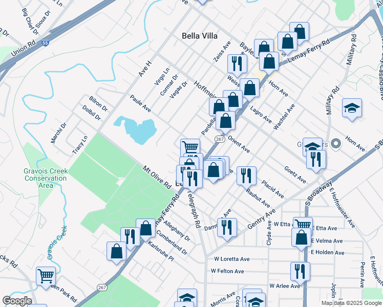 map of restaurants, bars, coffee shops, grocery stores, and more near 3615 Bobring Avenue in St. Louis