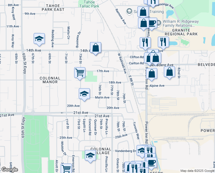 map of restaurants, bars, coffee shops, grocery stores, and more near 4425 77th Street in Sacramento