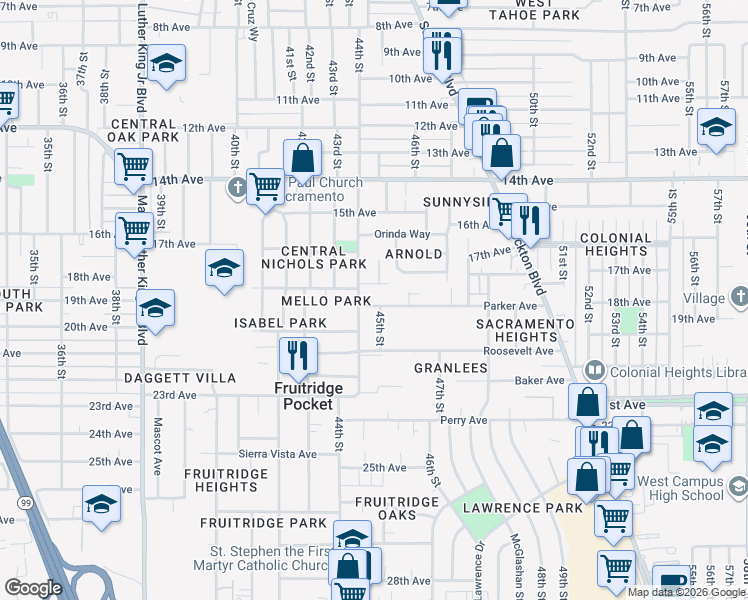 map of restaurants, bars, coffee shops, grocery stores, and more near 4416 Parker Avenue in Sacramento