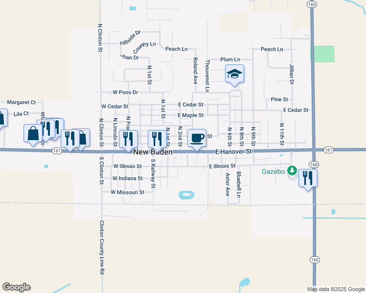map of restaurants, bars, coffee shops, grocery stores, and more near 117 East Hanover Street in New Baden