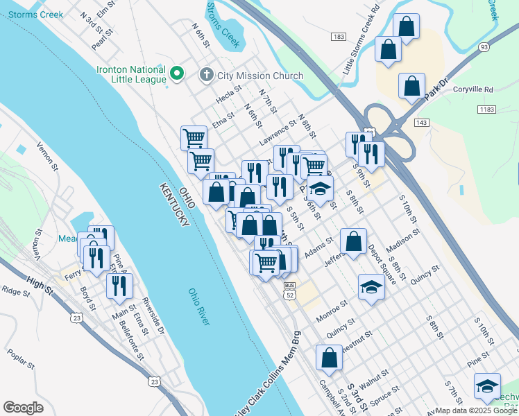 map of restaurants, bars, coffee shops, grocery stores, and more near 110 South 4th Street in Ironton