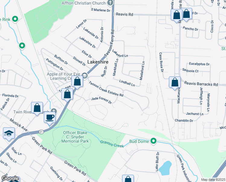 map of restaurants, bars, coffee shops, grocery stores, and more near 9918 Tesson Creek Estates Road in St. Louis
