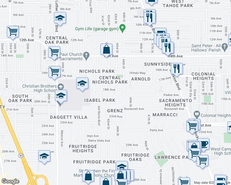 map of restaurants, bars, coffee shops, grocery stores, and more near 4405 Mello Court in Sacramento