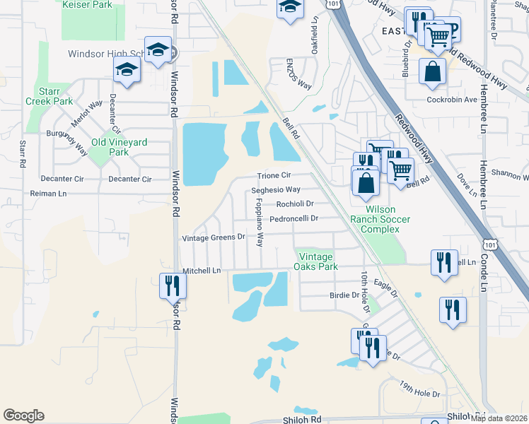 map of restaurants, bars, coffee shops, grocery stores, and more near 7782 Foppiano Way in Windsor