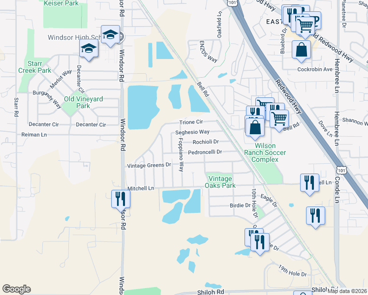 map of restaurants, bars, coffee shops, grocery stores, and more near 7782 Foppiano Way in Windsor