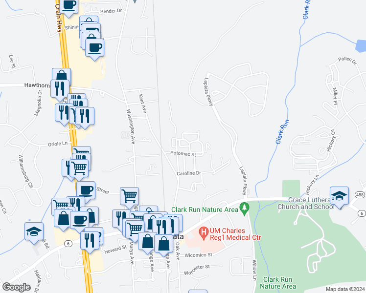 map of restaurants, bars, coffee shops, grocery stores, and more near 605 Piney Branch Way in La Plata