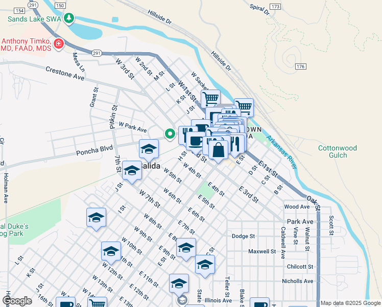 map of restaurants, bars, coffee shops, grocery stores, and more near 335 H Street in Salida