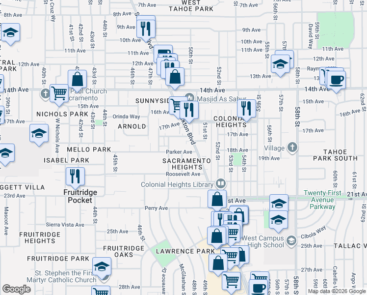 map of restaurants, bars, coffee shops, grocery stores, and more near 4816 Parker Avenue in Sacramento