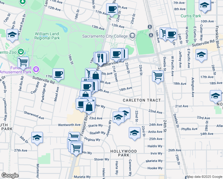map of restaurants, bars, coffee shops, grocery stores, and more near 2070 20th Avenue in Sacramento
