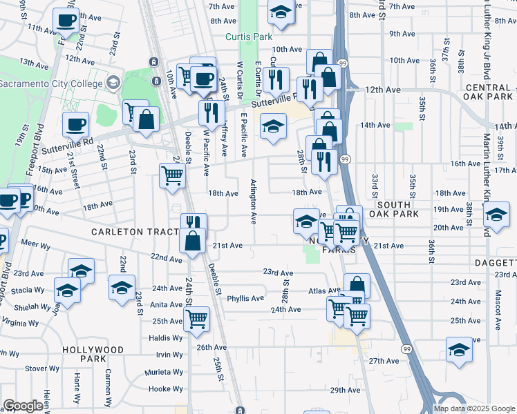 map of restaurants, bars, coffee shops, grocery stores, and more near 2600 19th Avenue in Sacramento