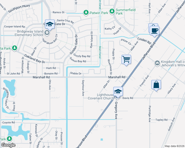 map of restaurants, bars, coffee shops, grocery stores, and more near 2975 Stable Drive in West Sacramento