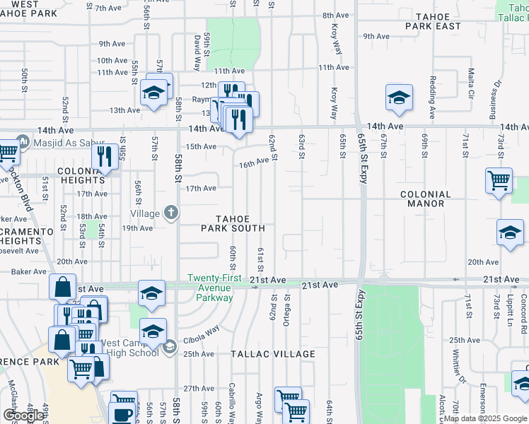 map of restaurants, bars, coffee shops, grocery stores, and more near 6051 19th Avenue in Sacramento
