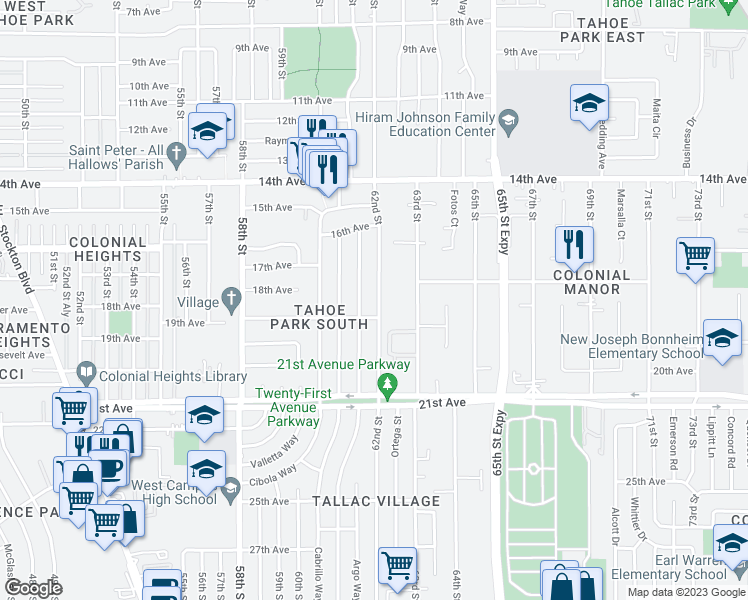 map of restaurants, bars, coffee shops, grocery stores, and more near 4320 62nd Street in Sacramento