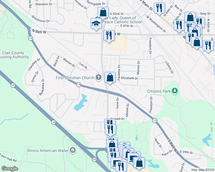 map of restaurants, bars, coffee shops, grocery stores, and more near 3043 Frank Scott Parkway West in Belleville