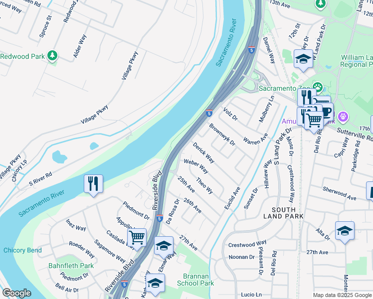 map of restaurants, bars, coffee shops, grocery stores, and more near 1107 Schiro Court in Sacramento