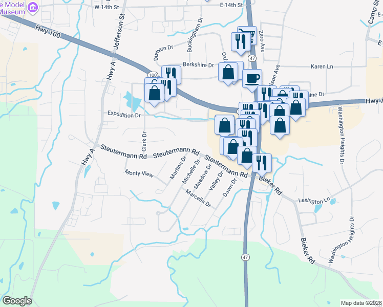 map of restaurants, bars, coffee shops, grocery stores, and more near 405 Michelle Drive in Washington