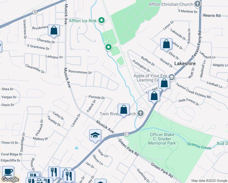 map of restaurants, bars, coffee shops, grocery stores, and more near 10320 Meath Drive in St. Louis