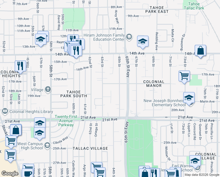 map of restaurants, bars, coffee shops, grocery stores, and more near 63 Manley Court in Sacramento