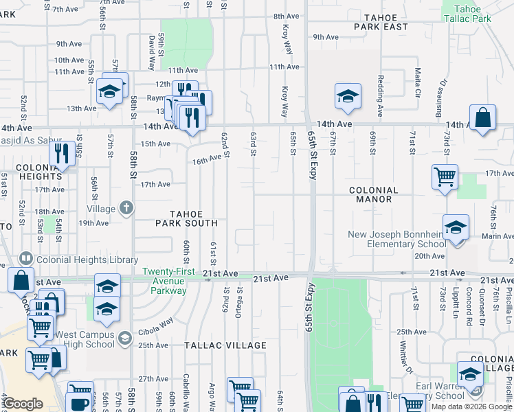 map of restaurants, bars, coffee shops, grocery stores, and more near 4475 63rd Street in Sacramento