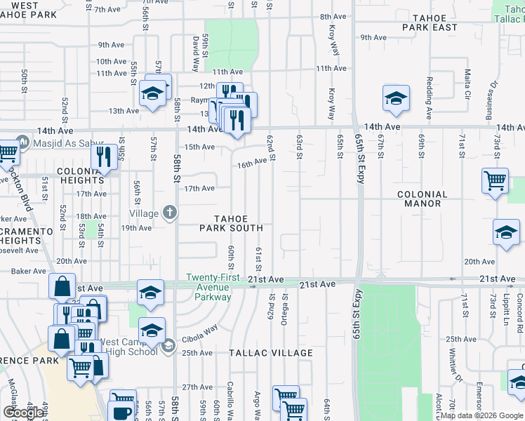 map of restaurants, bars, coffee shops, grocery stores, and more near 6051 19th Avenue in Sacramento