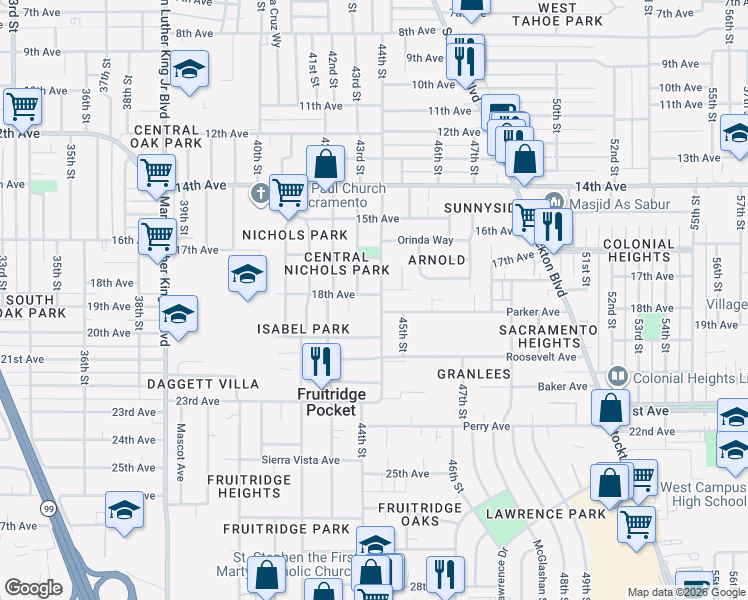 map of restaurants, bars, coffee shops, grocery stores, and more near 4413 Mello Court in Sacramento
