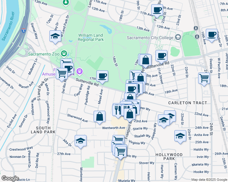 map of restaurants, bars, coffee shops, grocery stores, and more near 4436 Marion Court in Sacramento