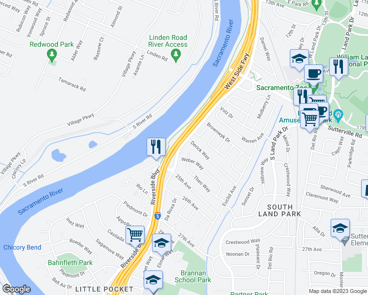 map of restaurants, bars, coffee shops, grocery stores, and more near 4445 Riverside Boulevard in Sacramento