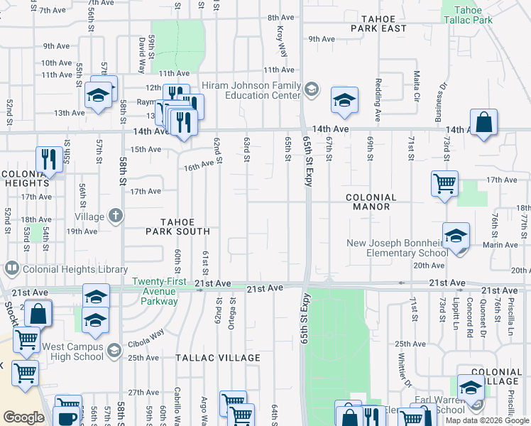 map of restaurants, bars, coffee shops, grocery stores, and more near 63 Manley Court in Sacramento