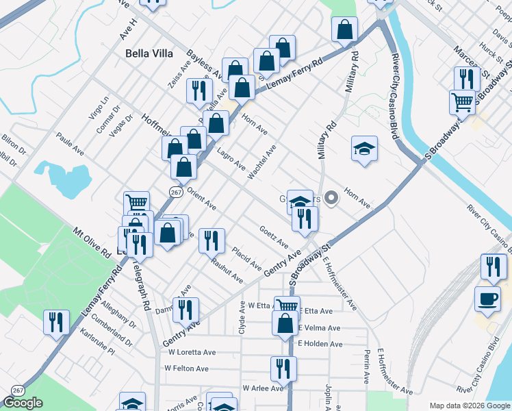 map of restaurants, bars, coffee shops, grocery stores, and more near 387 Goetz Avenue in St. Louis