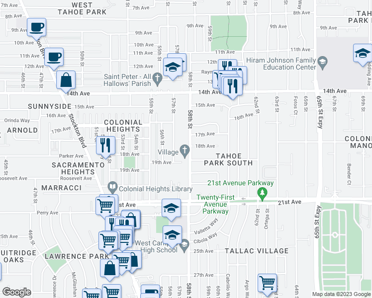 map of restaurants, bars, coffee shops, grocery stores, and more near 4358 58th Street in Sacramento