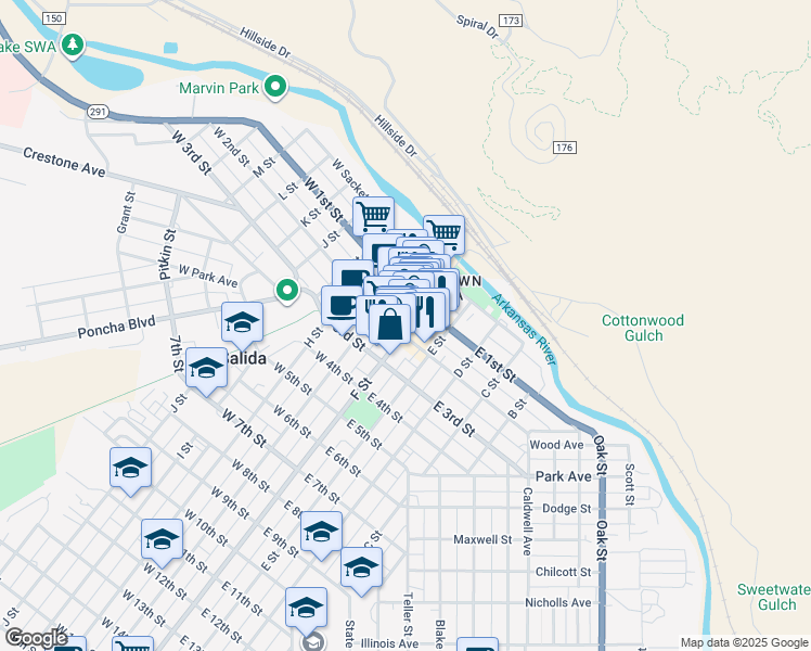 map of restaurants, bars, coffee shops, grocery stores, and more near 211 F Street in Salida