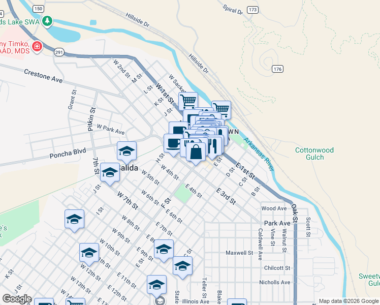 map of restaurants, bars, coffee shops, grocery stores, and more near 211 F Street in Salida